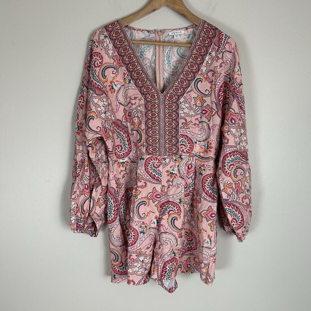 Venus Cotton Linen Romper Size 6 Vacation Resort Beach Long Sleeve Pink